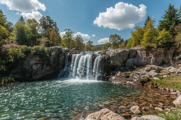 Obraz premium Waterfall in a Lush Green Forest During Spring and Summer