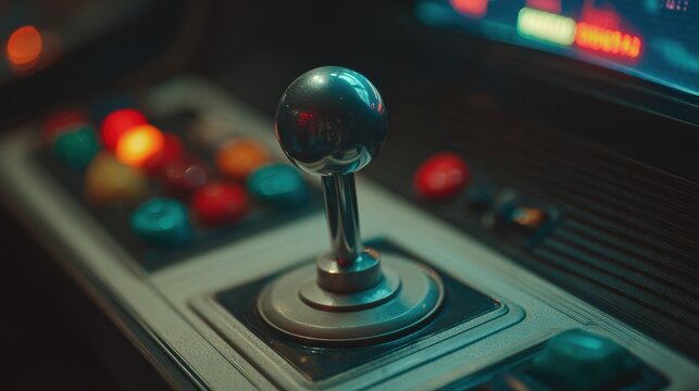 Retro Arcade Game Controller Close-Up with Colorful Buttons and Lights