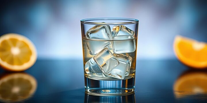 A small glass filled with clear tequila, ice cubes melting, glassware, liquor glass