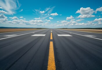 Naklejka premium Endless perspective of a clear runway stretching toward a vibrant blue sky with scattered clouds