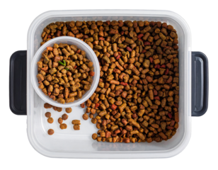  Fish Food Container with Pellets Scattered, Top-Down View, isolated