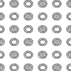 Seamless sunflower vector pattern with hand-drawn white black petals and center. Cute floral design, perfect for summer backgrounds, fabric prints, wallpapers, packaging, and botanical projects.