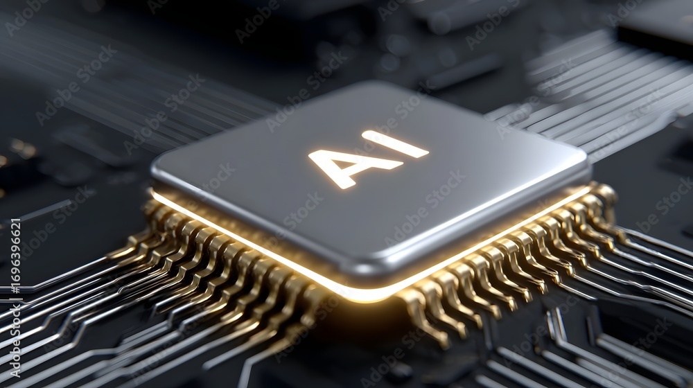 Poster a high-tech microchip featuring intelligence components and advanced circuitry on a computer motherb