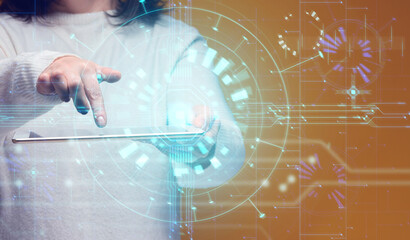 A woman holds a tablet, a projection of a glowing AI interface. In the foreground, her hand interacts with the gadget