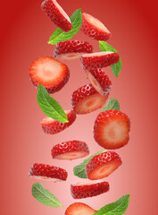 Lots of strawberry pieces and mint leaves flying on red gradient background