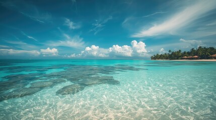 A serene tropical beach scene showcases crystal-clear turquoise water lapping gently at a sandy shore, with lush palm trees lining the distant beach, under a vibrant azure sky filled with fluffy...