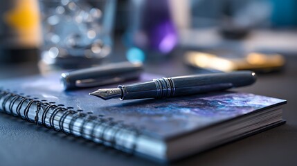 A fountain pen resting on a spiral notebook with a blurred background in a close up photography shot