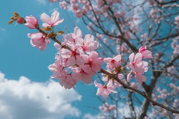 Cherry blossom flowers in full bloom. Springtime floral background with blooming branches.