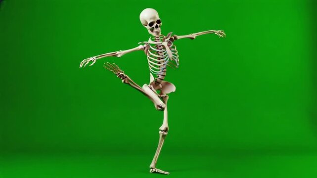 Skeleton dancing on one leg with arms outstretched against a green screen backdrop image halloween skelton green screen video