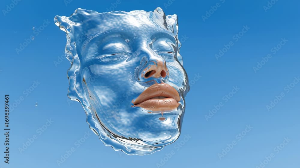 Poster face made of ice is floating in the air. the face is made of clear ice and is surrounded by a blue s