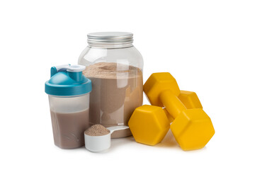 Protein powder.protein shake isolated on white background.Shaker bottle with protein.Food supplement.Whey protein powder with shaker for mixing.Sports nutrition.Concept of sports and healthy lifestyle