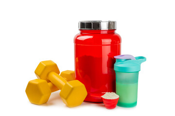 Protein powder.protein shake isolated on white background.Shaker bottle with protein.Food supplement.Whey protein powder with shaker for mixing.Sports nutrition.Concept of sports and healthy lifestyle