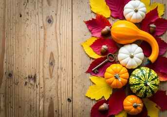 Atmospheric autumn composition with pumpkins and leaves on a wooden background with space for text.