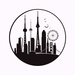 Industrial vector art of a black city skyline and buildings silhouette on a grunge urban background