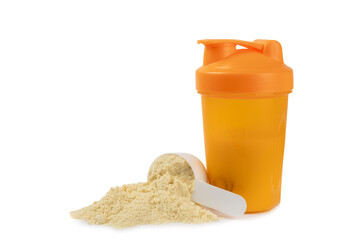 Protein powder.protein shake isolated on white background.Shaker bottle with protein.Food...
