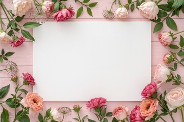 White canvas mockup on a light pink wooden surface with a floral arrangement. Overhead perspective.