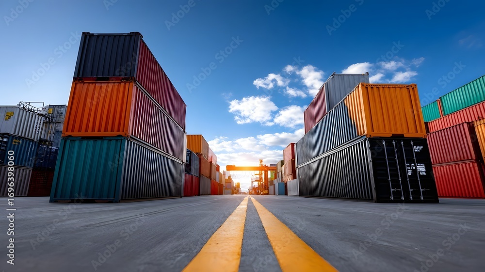 Poster an aerial view of a busy shipping port with stacks of colorful cargo containers in various sizes and