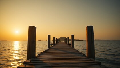 Fototapeta premium wooden pier extending over calm ocean waters toward horizon during golden sunset