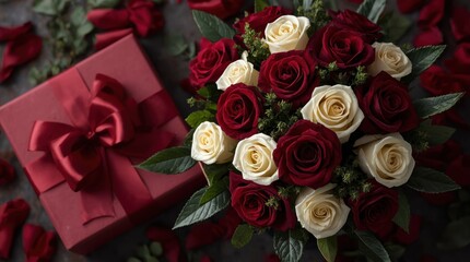 Fototapeta premium A beautifully arranged bouquet of red and white roses beside a gift box with a ribbon