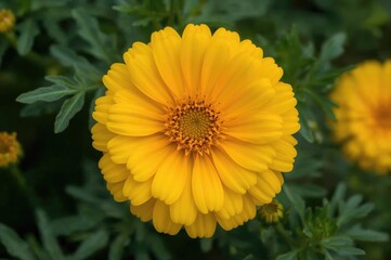 Obraz premium Yellow marigold flower with green leaves