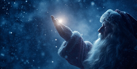 Santa claus reaching for a glowing light in a snowy winter night scene
