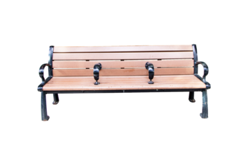 Brown wood public chair or bench with backrest for sit waiting everything isolated on cutout PNG or transparent background. Chairs in ordinary empty waiting room. For public or tourist services.
