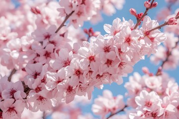 Fototapeta premium Floral-themed congratulatory card with cherry blossom close-up, vibrant spring backdrop