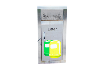 Old aluminum trash bin dustbin square shape isolated on cutout PNG or transparent background. Waste collection equipment in park. Global warming. Beautiful modern design. Made of good quality aluminum