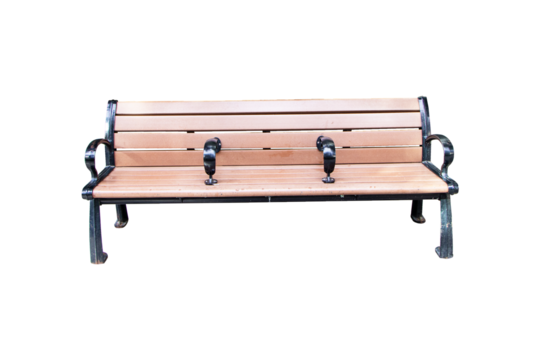 Brown wood public chair or bench with backrest for sit waiting everything isolated on cutout PNG or transparent background. Chairs in ordinary empty waiting room. For public or tourist services.