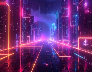Futuristic neon-lit city street at night with glowing buildings and vibrant pink and blue light trails, creating a cyberpunk aesthetic.