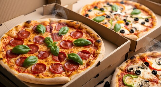 Delicious Pepperoni and Veggie Pizzas in Cardboard Boxes Hot Food Delivery Image