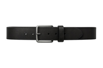 Black leather belt with metal buckle on transparent background