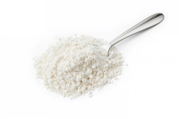 White powder on a silver spoon isolated on a plain background for baking and cooking