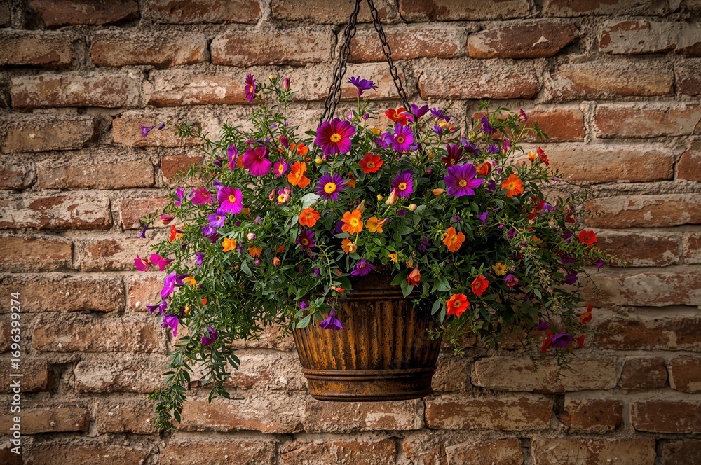 Poster blooms displayed in a suspended planter in front of a brick backdrop