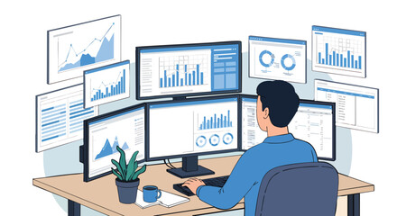 Professional analyzing business data charts on multiple computer screens analysis business finance dashboard report growth