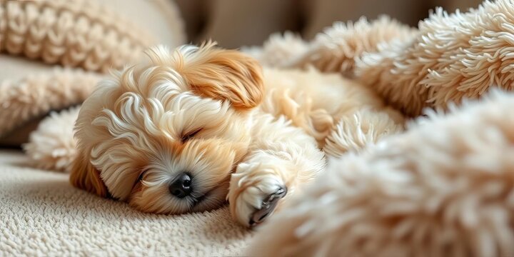 Fluffy maltipoo puppy naps peacefully on a plush sofa, relaxed, soft