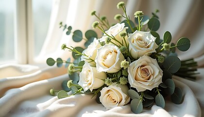 Bouquet of white roses with eucalyptus on soft fabric near window