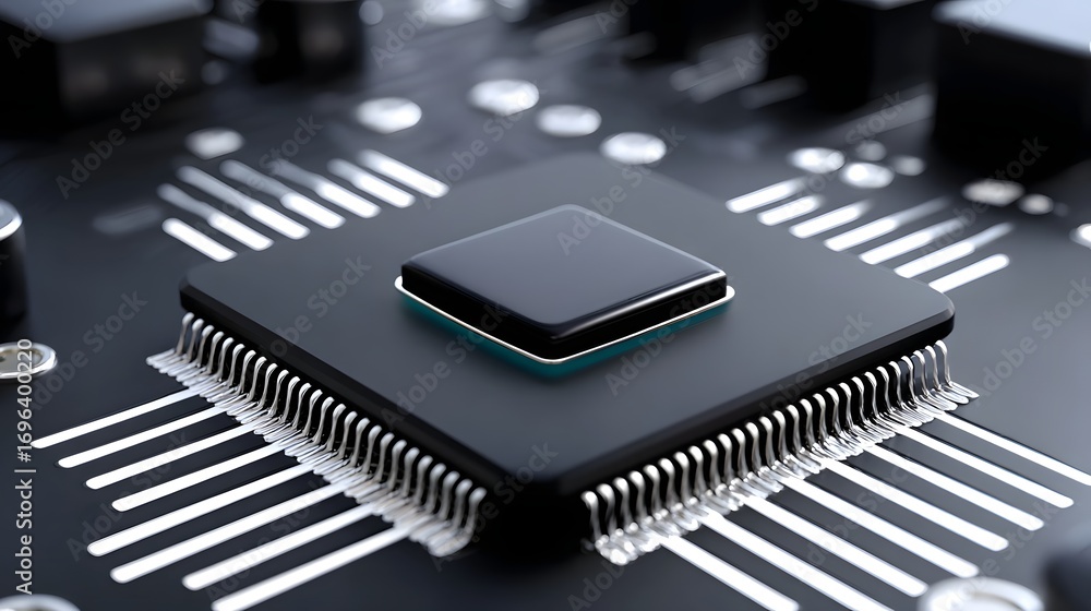 Poster high-angle close-up image of a sophisticated electronic circuit board, featuring a prominent microch