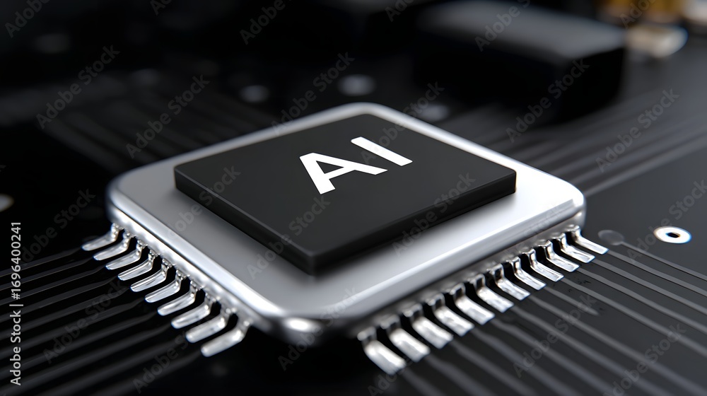 Poster close-up of a microchip with the ' ' label printed on it, mounted on a complex electronic circuit bo