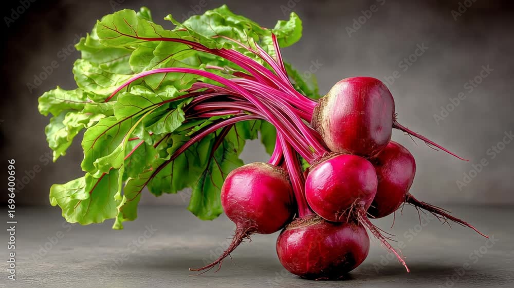 Poster bunch of red beets with green leaves. the beets are arranged in a way that they are all facing the s