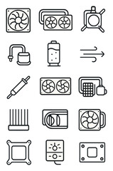 Cooling Systems icons in minimalistic line art style: case fan, liquid cooler, radiator, water block, pump, cooling reservoir, airflow symbol, heat