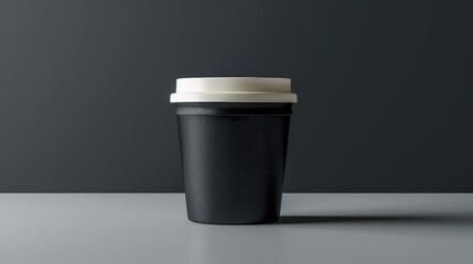 Minimalist Black Coffee Cup with Lid on Simple Grey Background