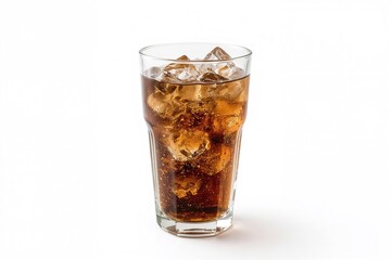 Clear glass filled with soda and ice cubes against a plain white backdrop