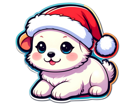 Kawaii Puppy in Santa Hat Sticker, Cute Christmas Dog Icon, isolated on transparent background PNG