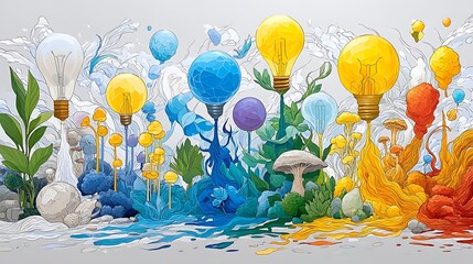 Fototapeta na wymiar Colorful Abstract Art with Light Bulbs and Natural Elements in Whimsical Composition
