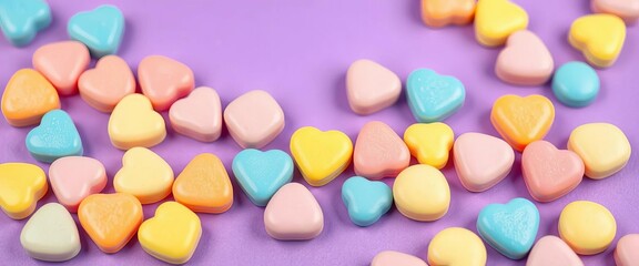 Pastel rainbow & solid heartshaped candies scattered on purple background,  Valentine's Day,  sweets