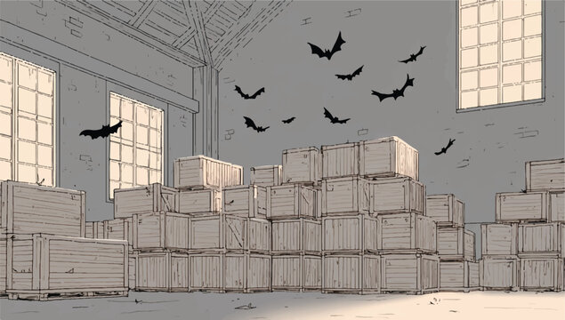 Eerie warehouse scene with wooden crates and bats flying around for a spooky concept