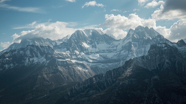 Majestic snow-capped mountains rise against a brilliant sky, showcasing a breathtaking mountain range under a partly cloudy day.