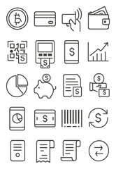 Trendy Digital Finance icons in minimalistic line art style: crypto coin, credit card, contactless payment, wallet, QR payment, ATM machine, mobile
