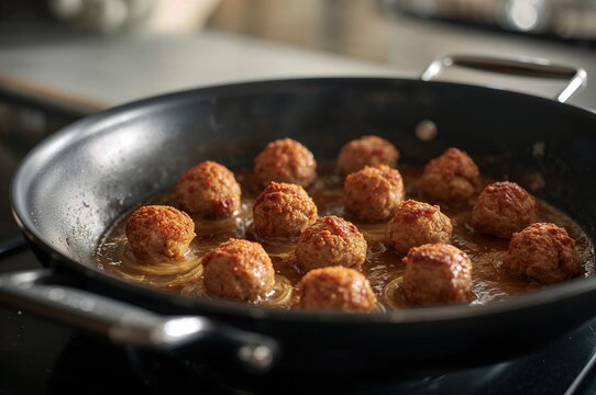 Pan-fried homemade meatballs in close-up. Culinary delight.
